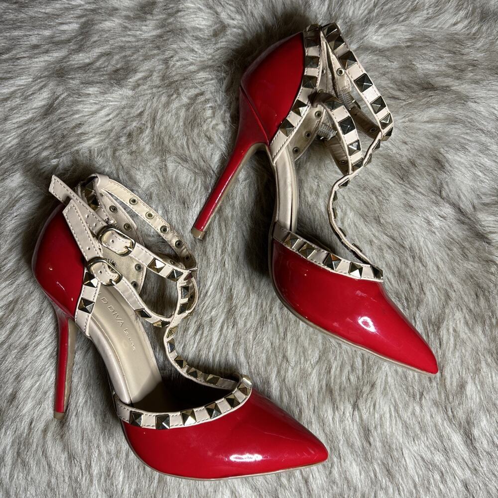Wild Diva Lounge Vegan Leather Red Gold Toned Studded Heels Pointed Toe Size 6